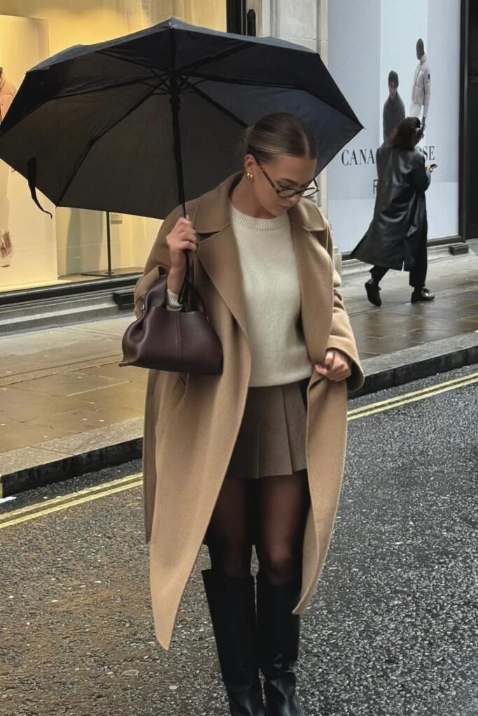Camel Long Coat + Cream Sweater + Taupe Pleated Mini Skirt + Black Knee-High Boots