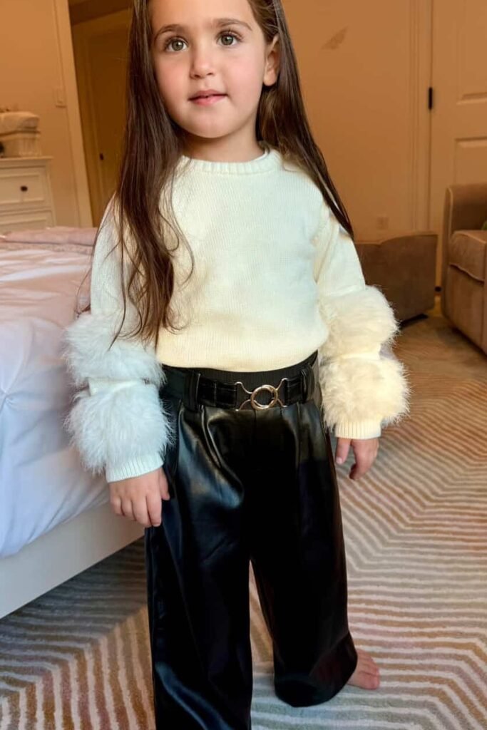 Cream Sweater with Furry Sleeves + Black Leather Pants + Belt