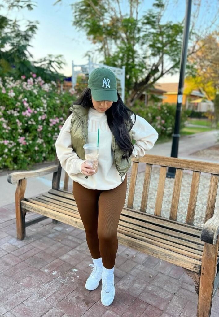 Cream Sweatshirt + Olive Puffer Vest + Brown Ribbed Leggings + White Sneakers + Green Cap