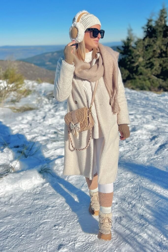  Cream Teddy Coat + White Cable Knit Sweater + Tan & White Leggings
