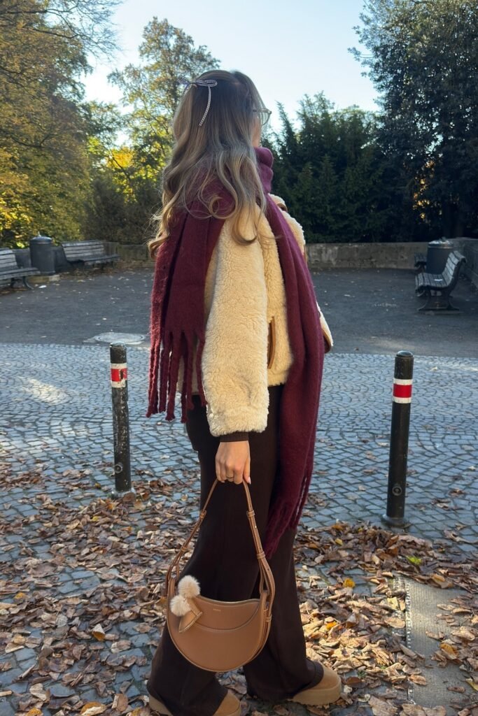 Cream Teddy Jacket + Burgundy Oversized Scarf + Brown Knit Wide-Leg Trousers