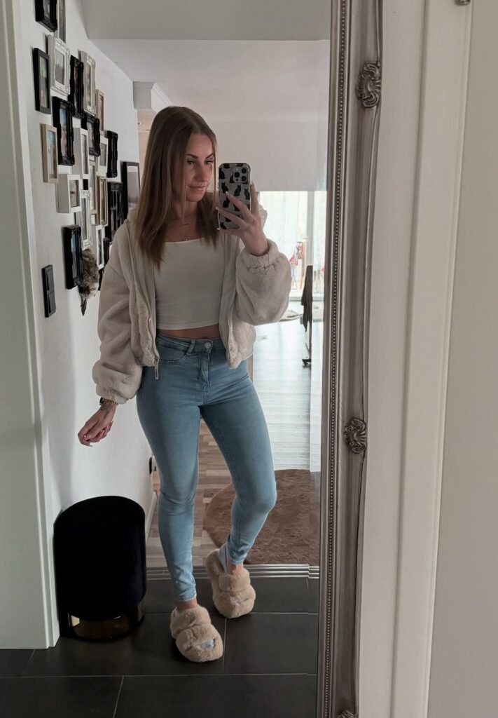Cream Teddy Jacket + White Crop Top + Light Blue Skinny Jeans + Fuzzy Slippers