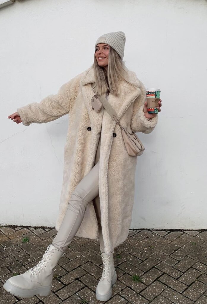 Cream Teddy Long Coat + Beige Beanie + Cream Faux Leather Pants