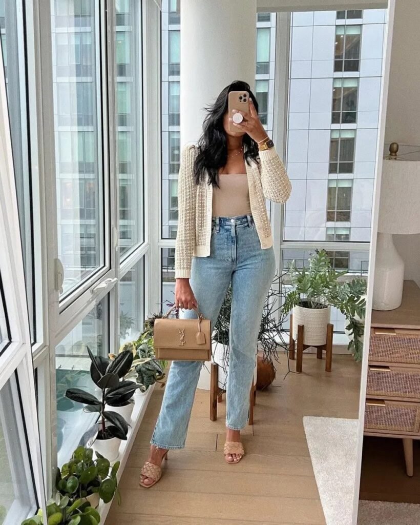 Cream Textured Cardigan-Blazer + Nude Tank Top + Light Wash Straight Leg Jeans + Woven Nude Heels + Tan Top Handle Bag