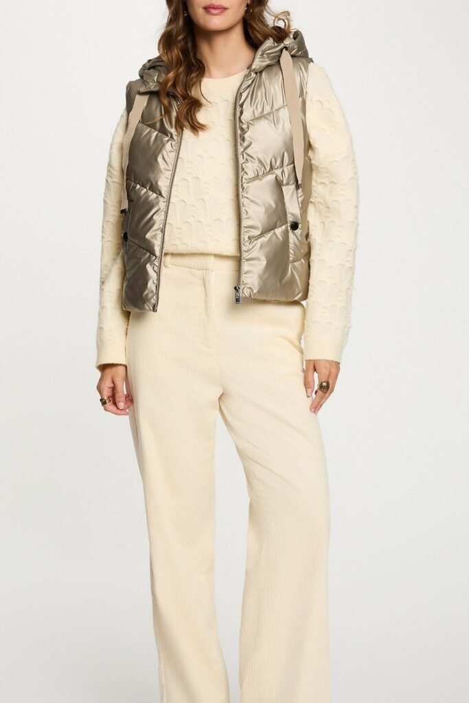Cream Textured Sweater + Beige Corduroy Trousers + Metallic Taupe Puffer Vest
