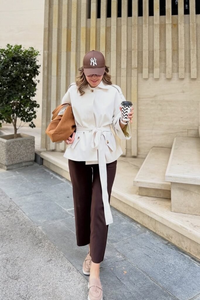 Cream Tie-Waist Jacket + Dark Brown Cropped Trousers + Beige Loafers + Brown Baseball Cap