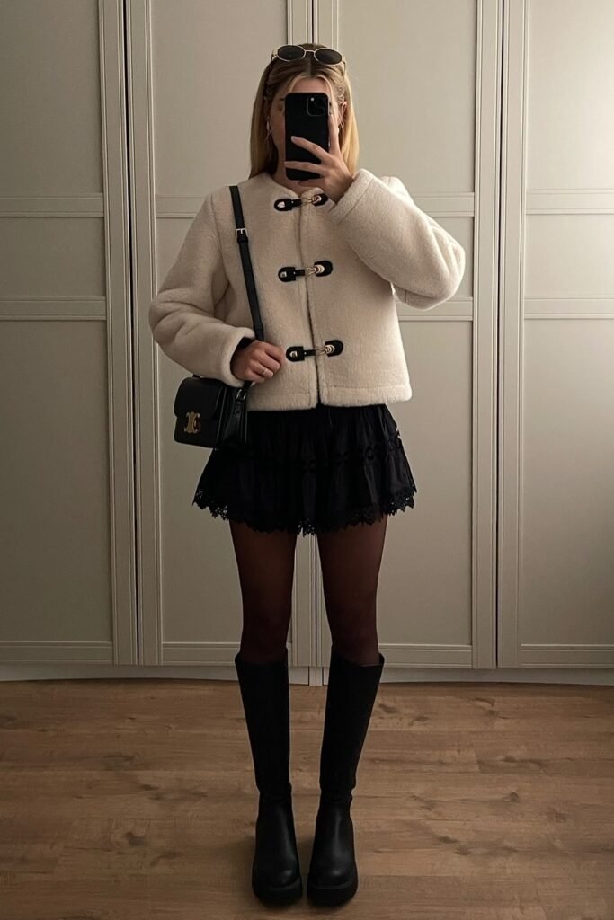 Cream Toggle Closure Cropped Jacket + Black Lace Trim Mini Skirt + Black Knee-High Boots