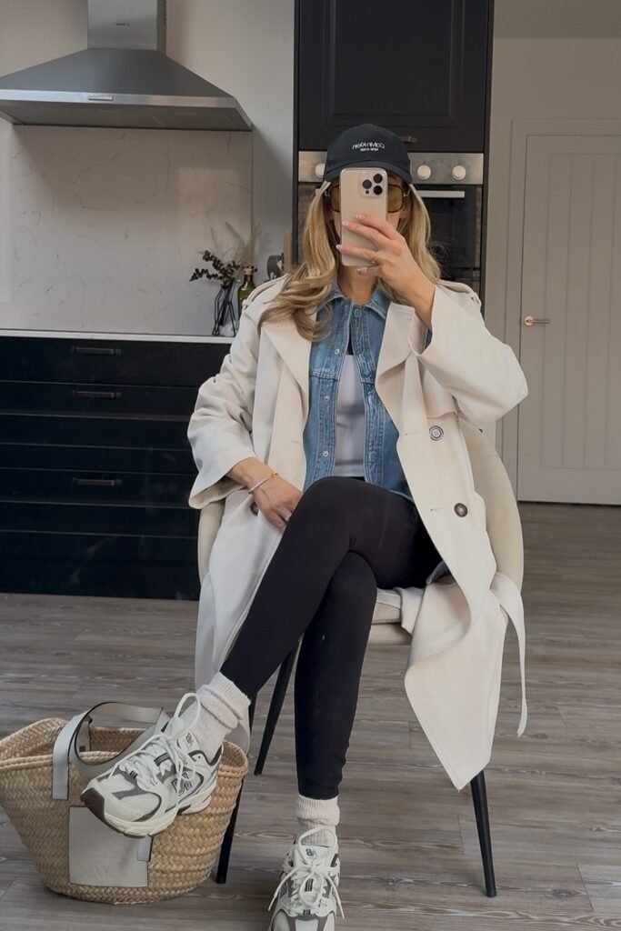 Cream Trench Coat + Denim Shirt + Black Leggings + Black Cap + White/Grey Sneakers