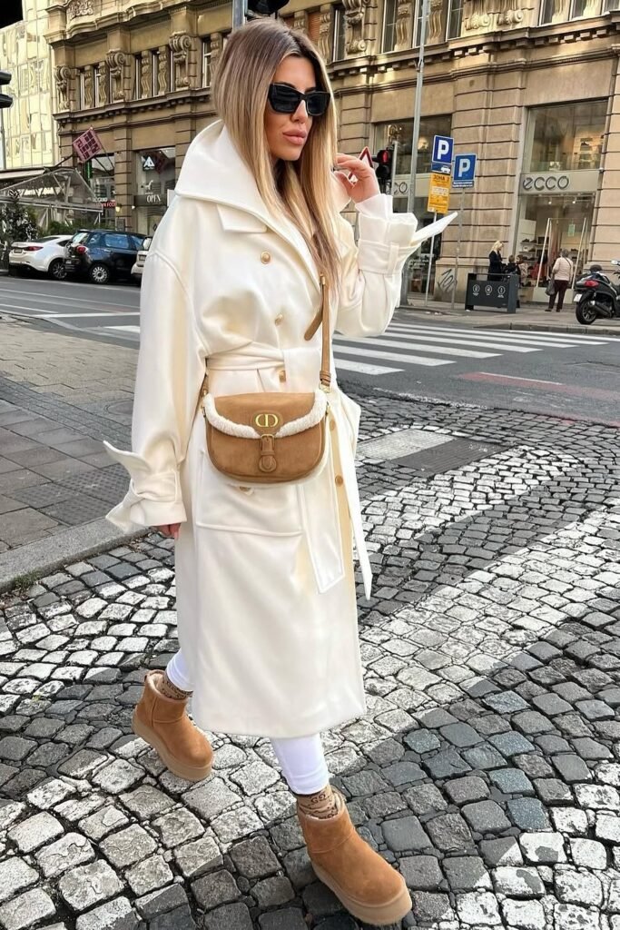 Cream Trench Coat + White Leggings/Jeans + Tan Platform Mini Boots + Tan and Cream Crossbody Bag