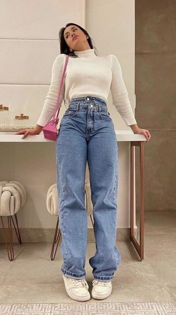 Cream Turtleneck and Baggy Jeans Combo