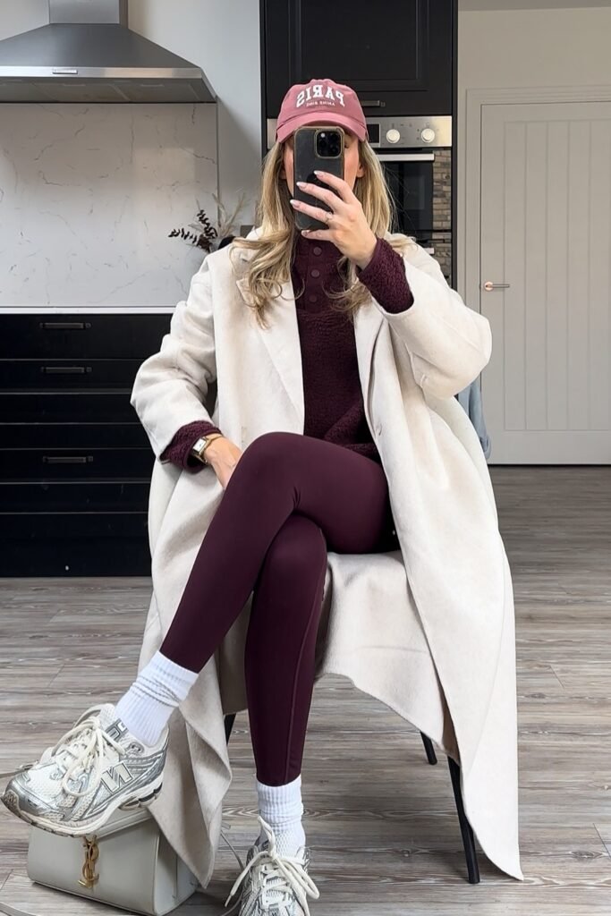 Cream Wool Coat + Burgundy Fleece Top + Burgundy Leggings + Pink Cap + Silver/White Sneakers