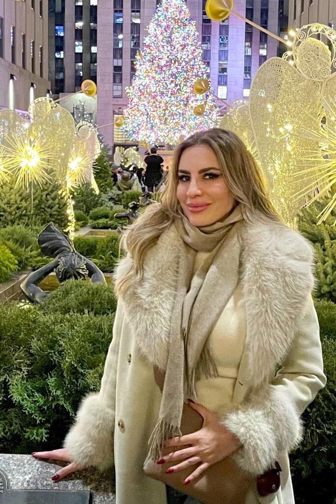 Cream/Beige Wool Coat with Faux Fur Trim + Matching Scarf + Brown Shoulder Bag