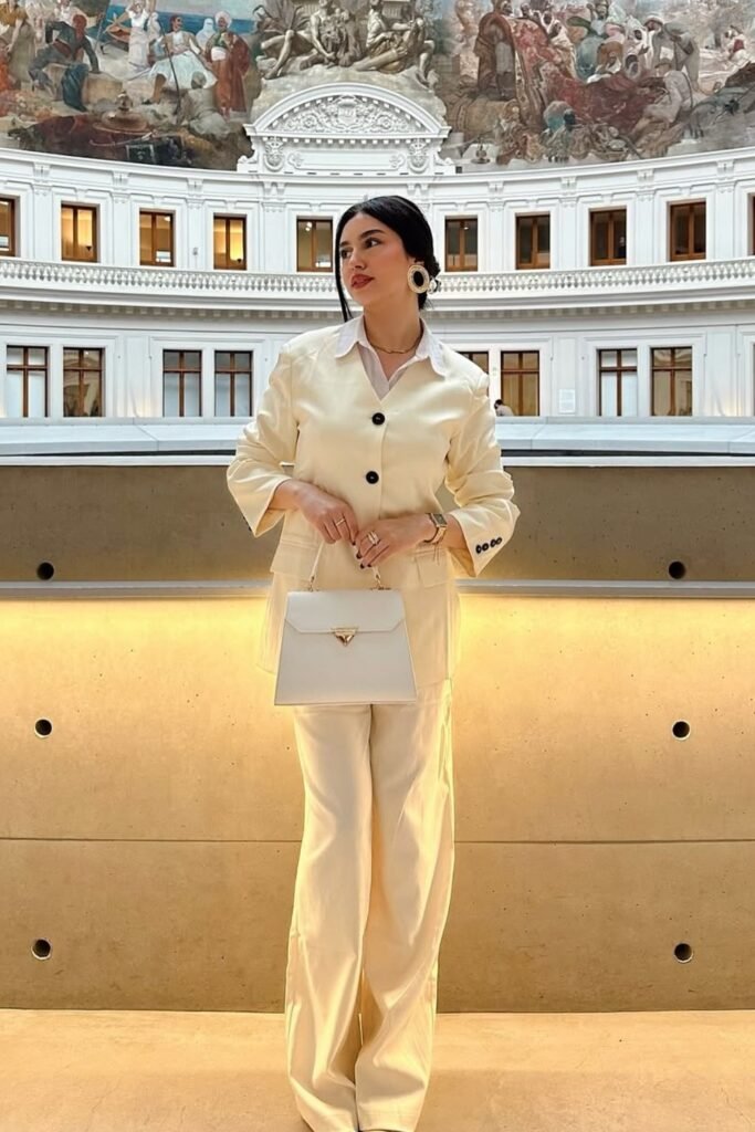 Cream/Off-White Suit + White Collared Shirt + White Structured Handbag