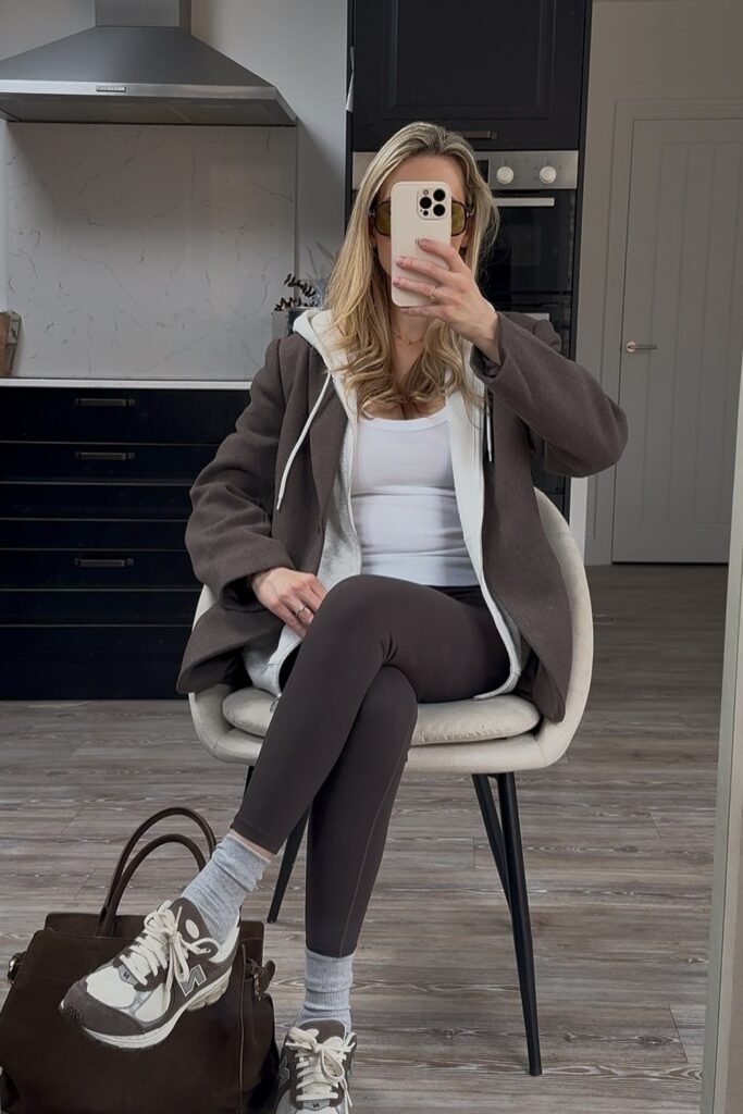 Dark Brown Blazer + White Tank Top + White Hoodie (Layered) + Dark Brown Leggings + Brown/White Sneakers
