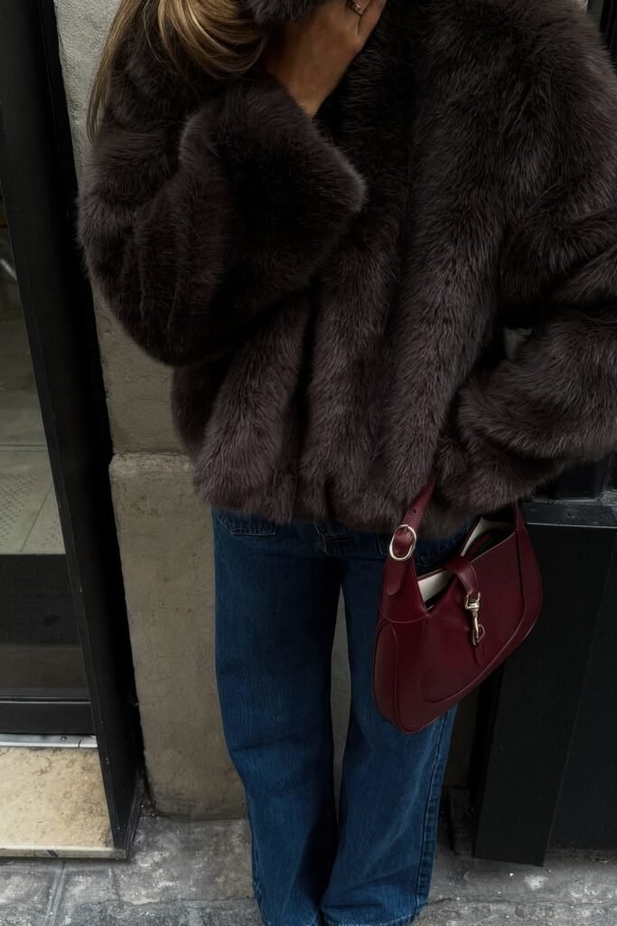 Dark Brown Faux Fur Jacket + Dark Wash Straight-Leg Jeans + Burgundy Half-Moon Shoulder Bag