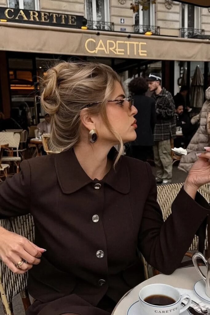 Dark Brown Fitted Blazer/Jacket with Peter Pan Collar + Dark Trousers/Skirt + Gold and Black Earrings