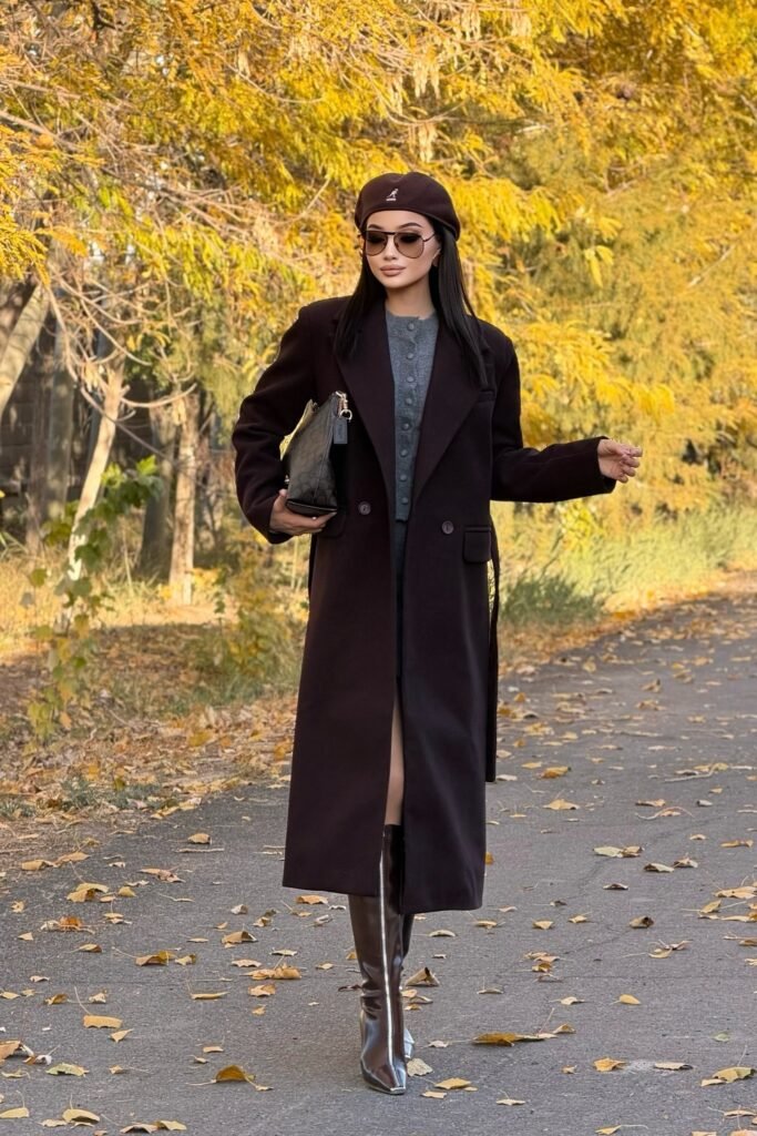 Dark Brown Long Coat + Grey Cardigan + Black Mini Skirt + Brown Beret + Knee-High Boots