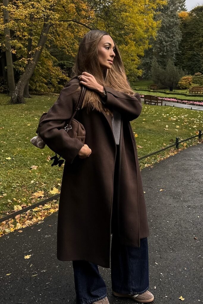 Dark Brown Maxi Coat + Striped Top + Dark Denim Wide-Leg Jeans