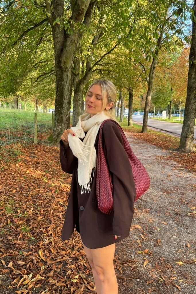 Dark Brown Oversized Blazer + White Scarf + Burgundy Woven Hobo Bag