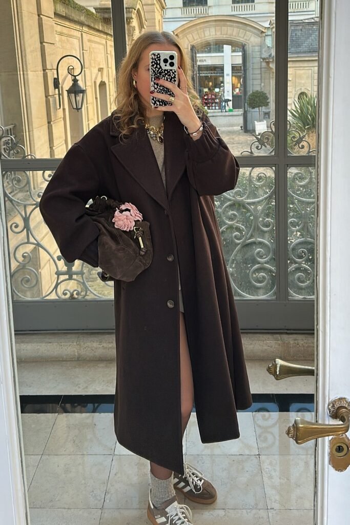 Dark Brown Oversized Coat + Tan Sweater + Brown Suede Bag + Platform Sneakers