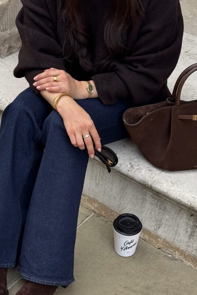 Dark Brown Oversized Sweater + Dark Wash Flared Jeans + Brown Suede Tote Bag