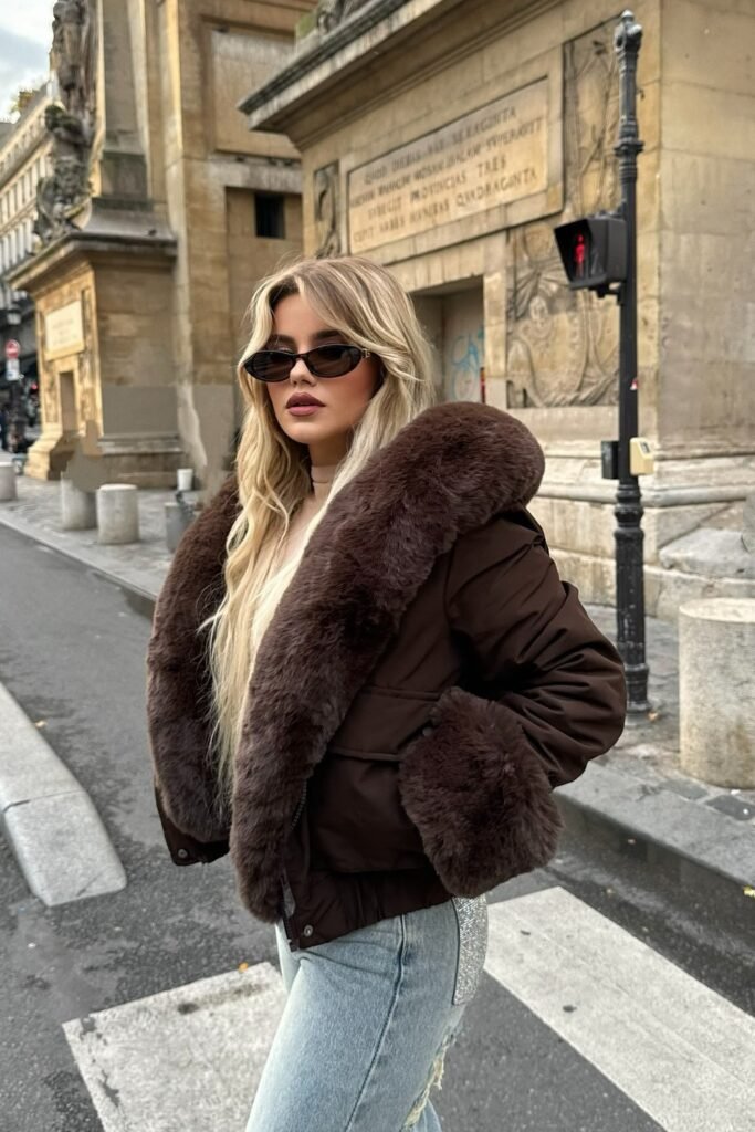 Dark Brown Puffer Jacket with Faux Fur Collar + Beige Turtleneck + Light Wash Jeans + Rectangular Sunglasses