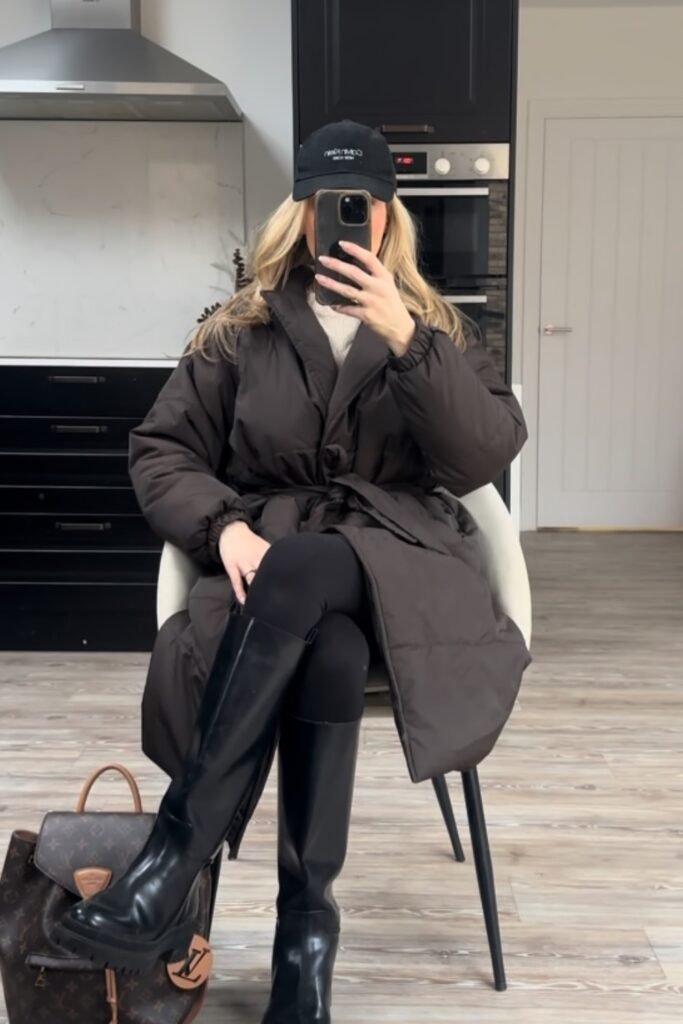 Dark Brown Tie-Waist Puffer Coat + White Sweater + Black Leggings + Black Knee-High Boots + Black Cap