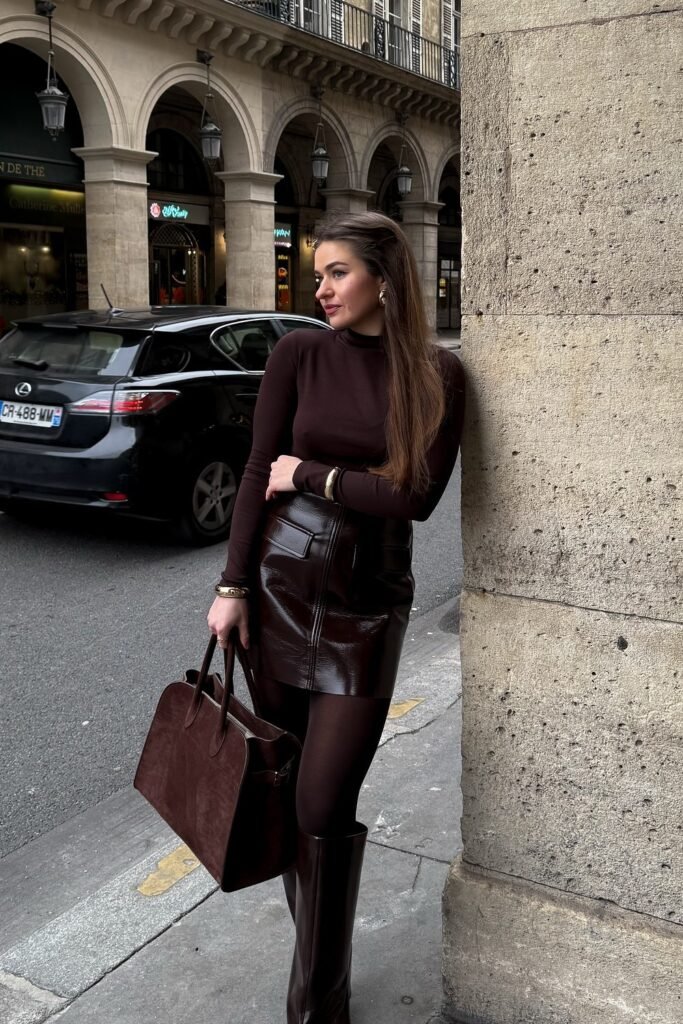 Dark Brown Turtleneck Top + Brown Patent Mini Skirt + Brown Tights + Dark Brown Knee-High Boots