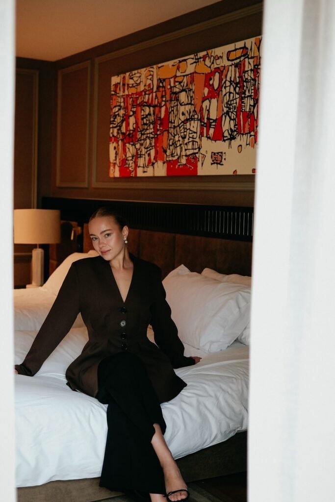 Dark Brown V-Neck Blazer/Jacket + Black Trousers + Black Ankle Strap Heels