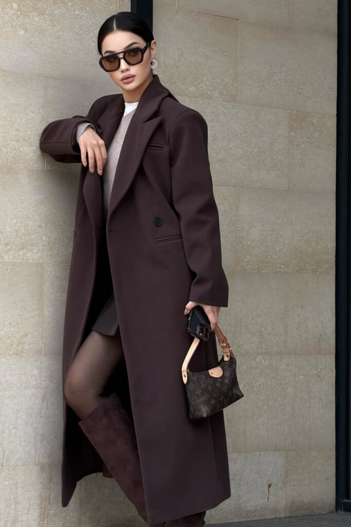 Dark Brown Wool Coat + Beige Sweater + Brown Mini Skirt + Brown Knee-High Boots + Monogram Handbag