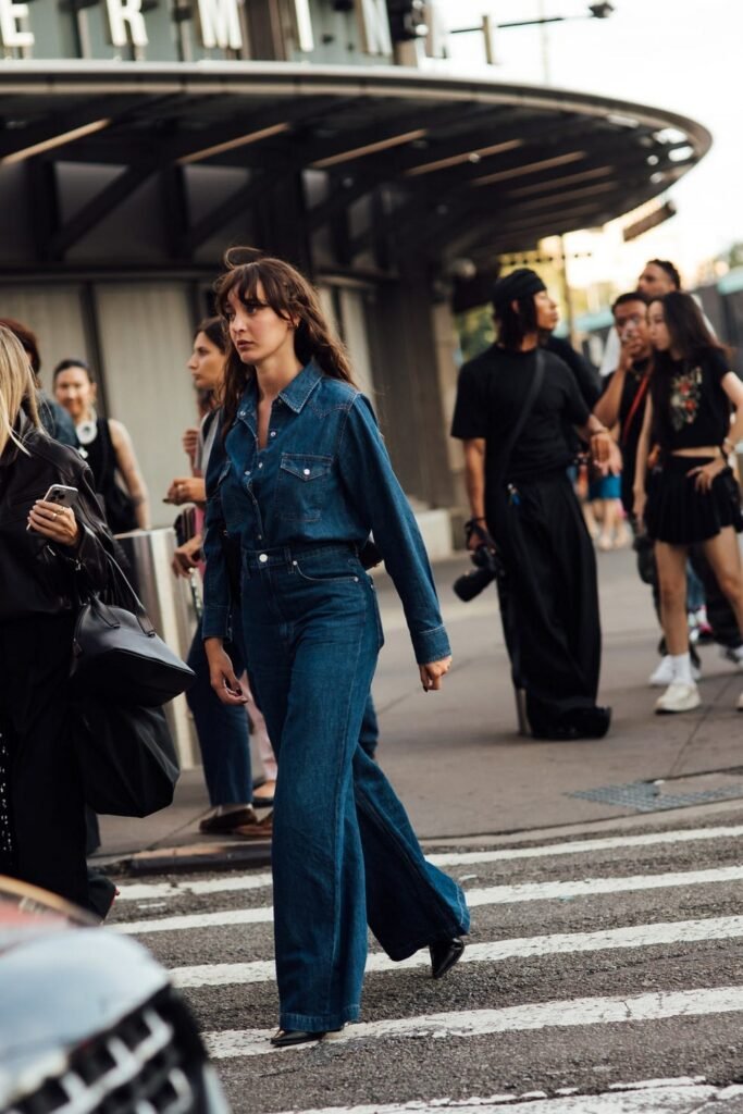 Dark Denim Button-Up Shirt + Matching Dark Denim Flared Jeans + Black Pointed Boots + Black Handbag