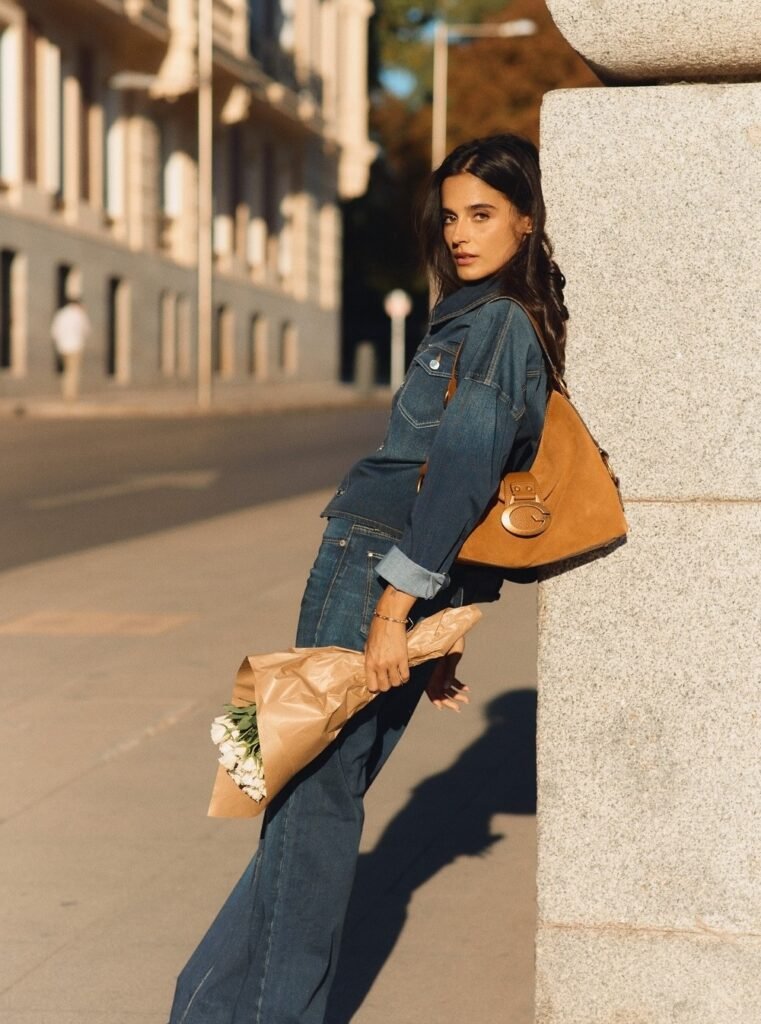 Dark Denim Button-Up Shirt + Matching Dark Wash Wide-Leg Jeans + Suede Hobo Bag
