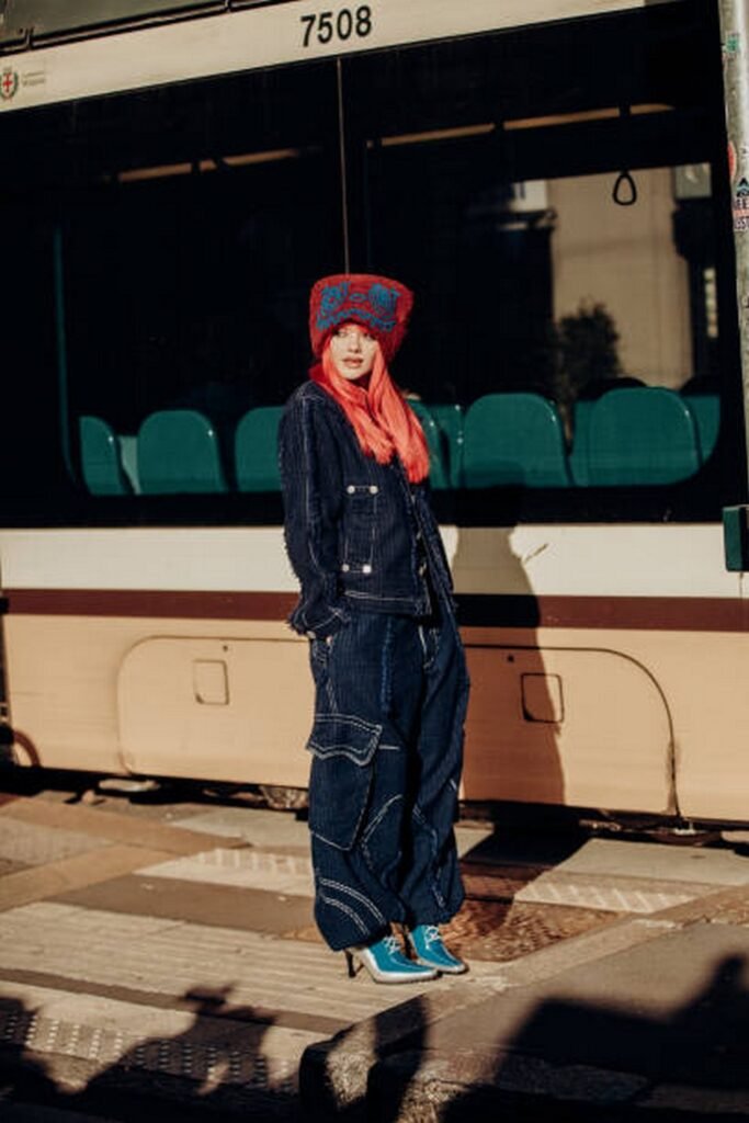 Dark Denim Jacket + Baggy Jeans + Red Knit Hat