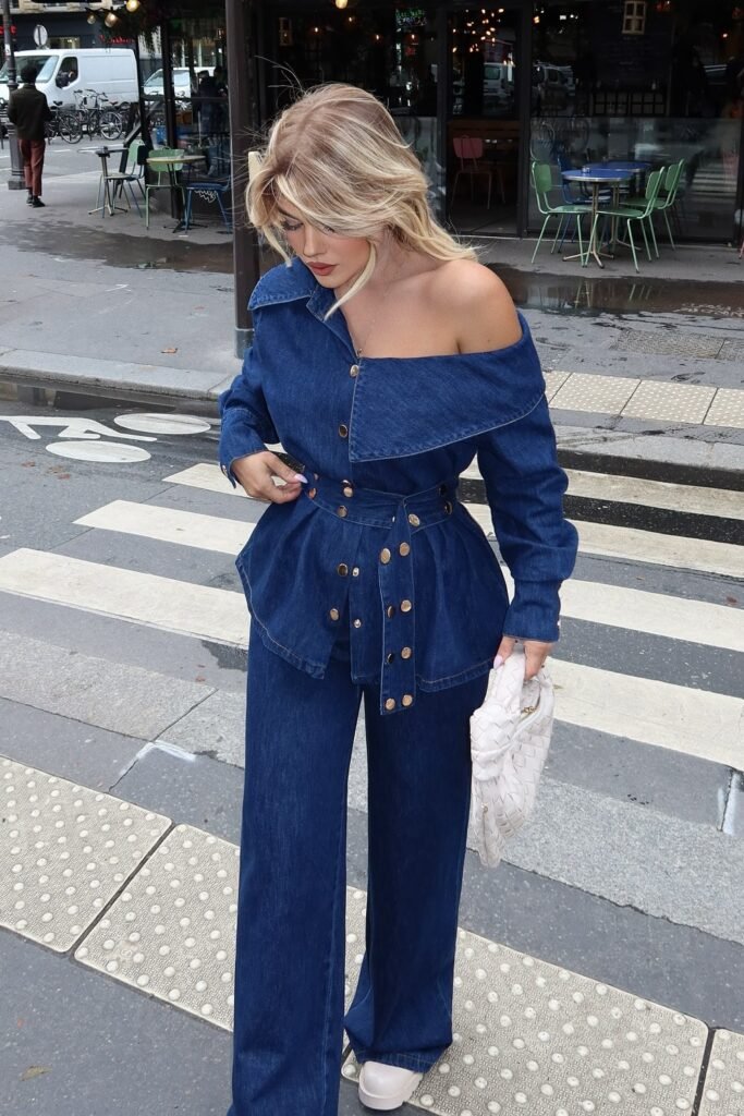 Dark Denim Off-the-Shoulder Jacket/Top + Dark Denim Wide-Leg Jeans