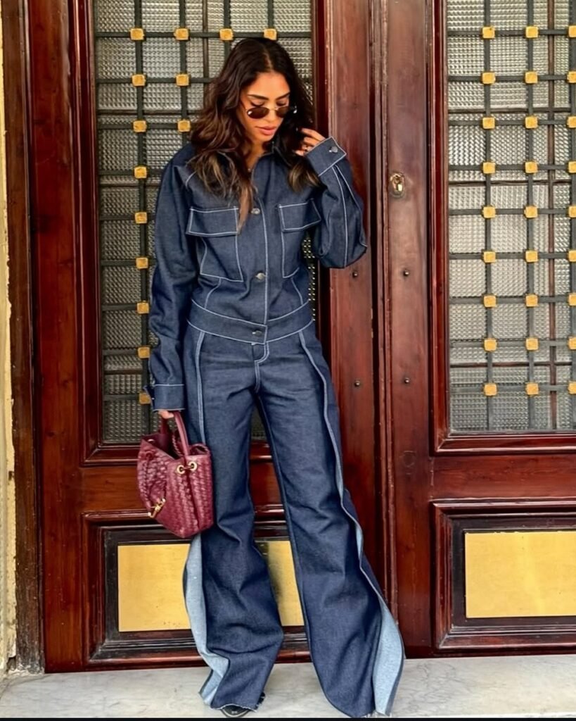 Dark Denim Utility Shirt + Dark Wash Wide Leg Jeans with White Piping + Burgundy Woven Bag