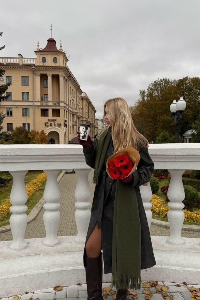 Dark Trench Coat + Olive Green Scarf + Dark Knee-High Boots + Red Gloves