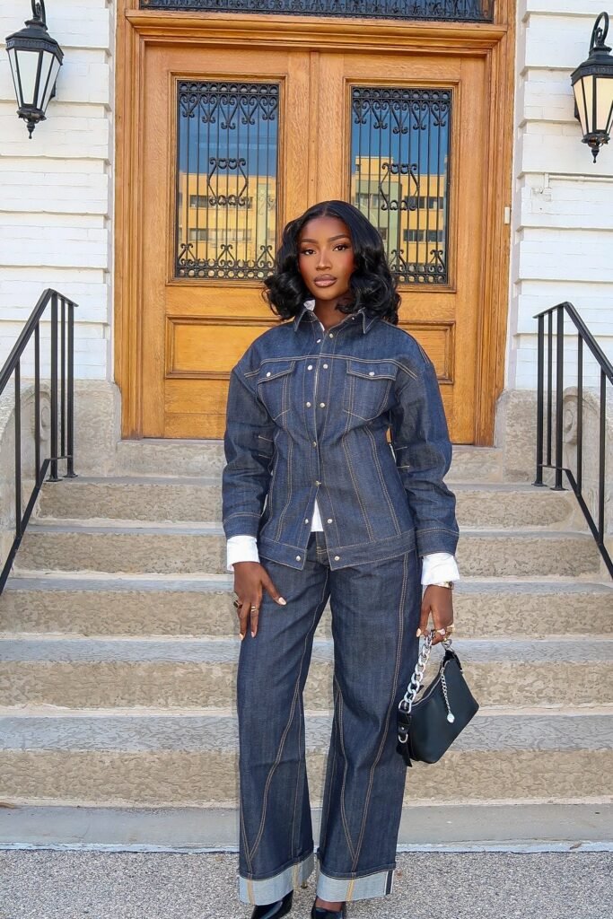 Dark Wash Denim Jacket + Dark Wash Denim Wide-Leg Jeans + White Collared Shirt + Black Chain Bag