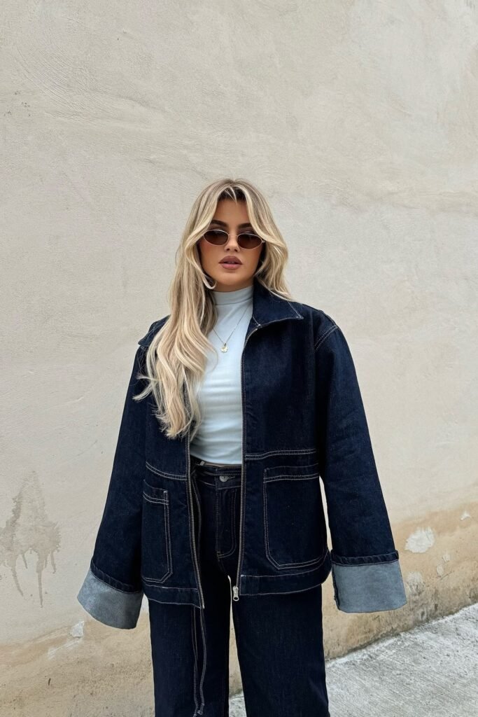 Dark Wash Denim Jacket + Light Blue Turtleneck Top + Dark Wash Denim Pants