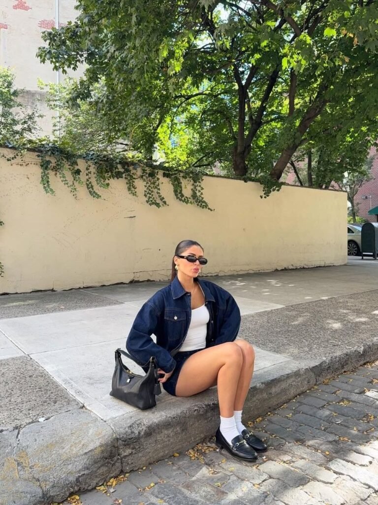 Dark Wash Denim Jacket + White Crop Top + Matching Dark Denim Shorts