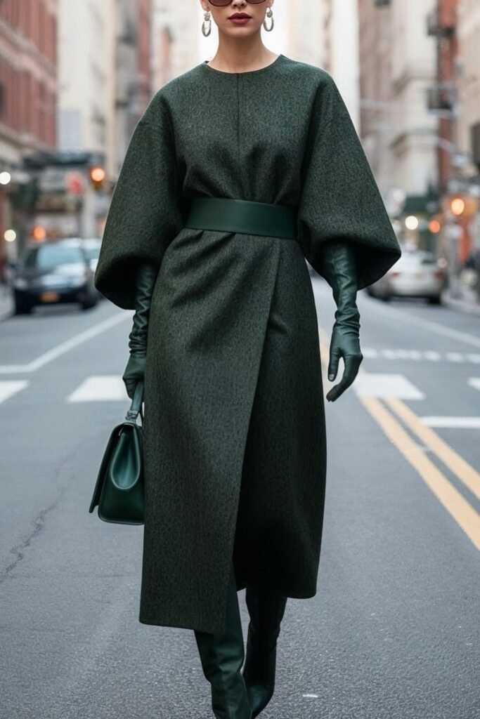 Deep Green Kimono Coat + Matching Green Belt + Green Gloves + Green Handbag + Green Knee Boots