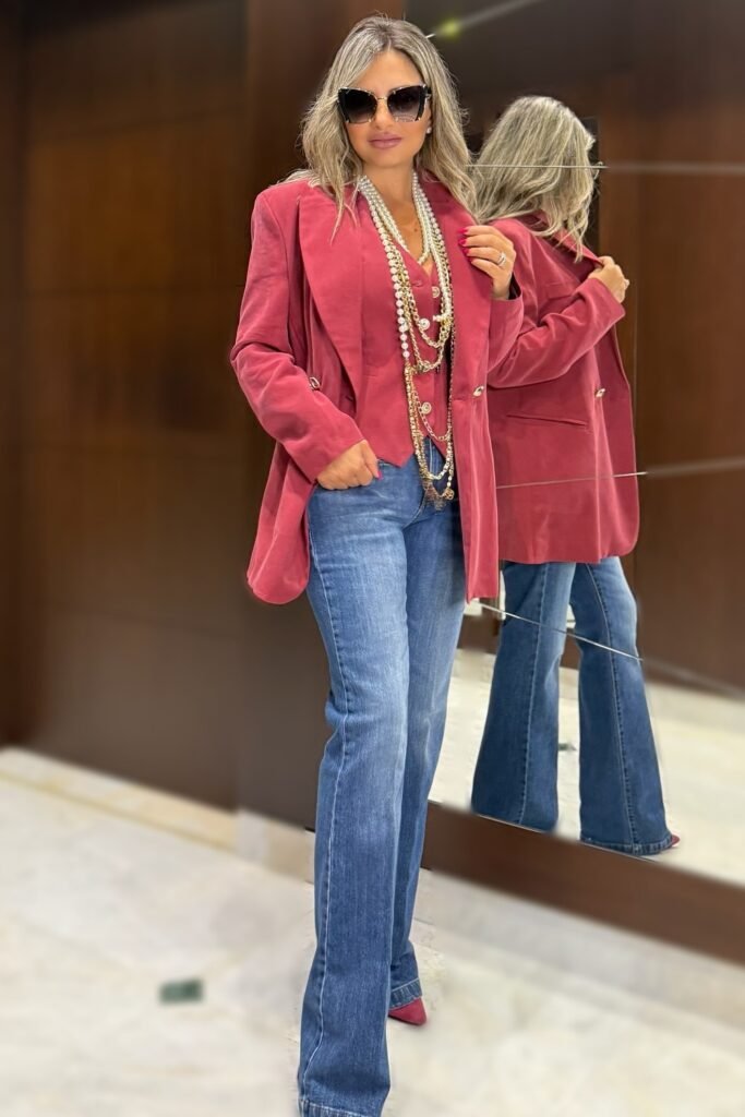 Deep Rose Blazer + Matching Top + Blue Flared Jeans + Layered Pearl Necklaces + Sunglasses