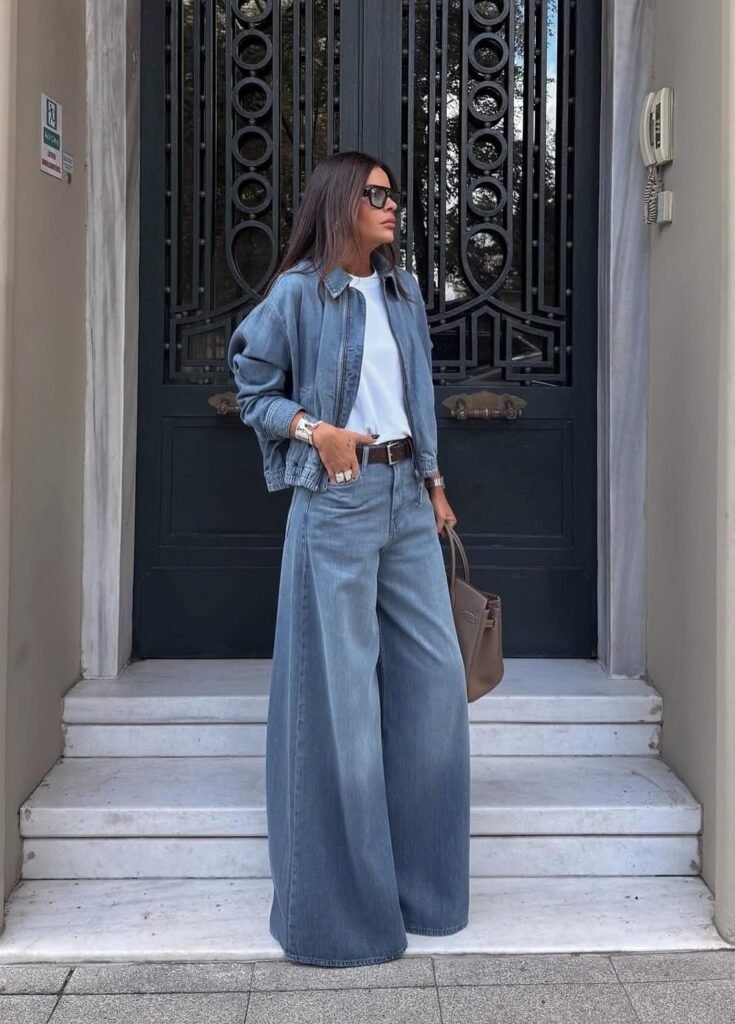 Denim Bomber Jacket + White T-Shirt + Ultra Wide-Leg Denim Jeans