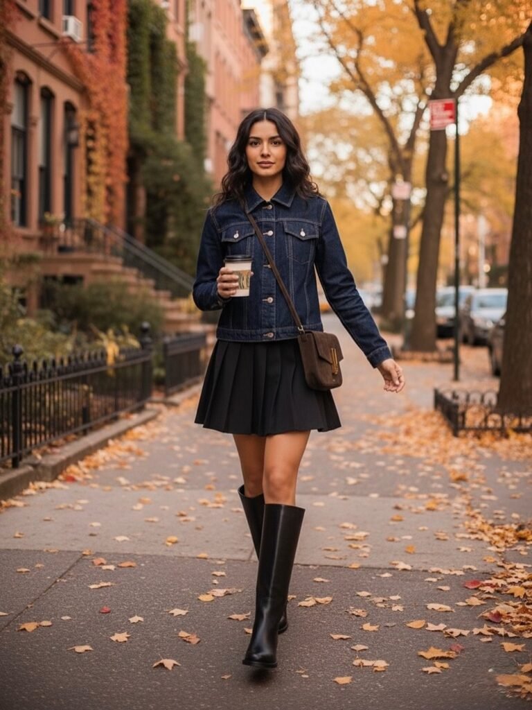 Denim Jacket + Black Pleated Mini Skirt + Black Knee-High Boots + Brown Crossbody Bag