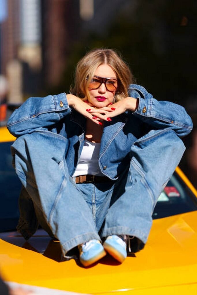 Denim Jacket + Baggy Jeans + Light Blue Sneakers