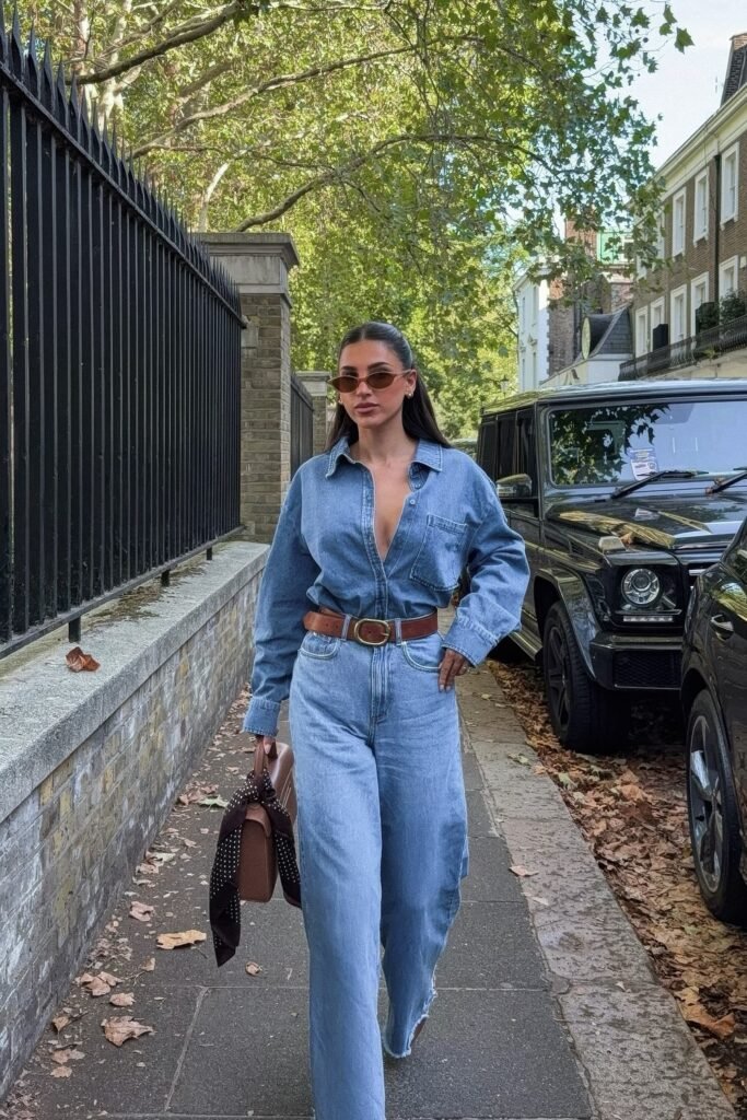 Double Denim Shirt + Light Wash Wide-Leg Jeans + Brown Leather Belt + Brown Scarf-Print Bag