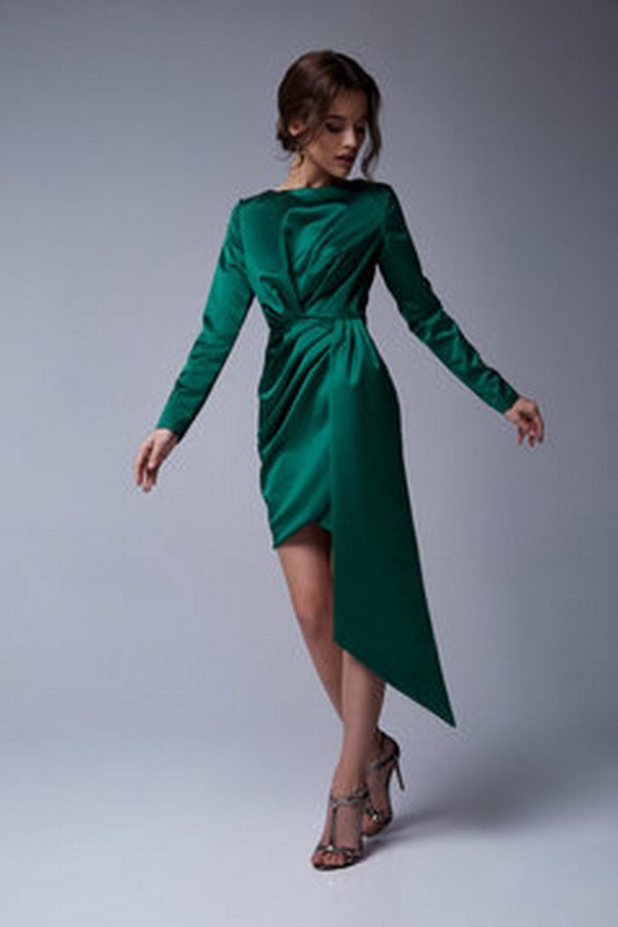Emerald Green Asymmetrical Draped Satin Dress and Silver Heels