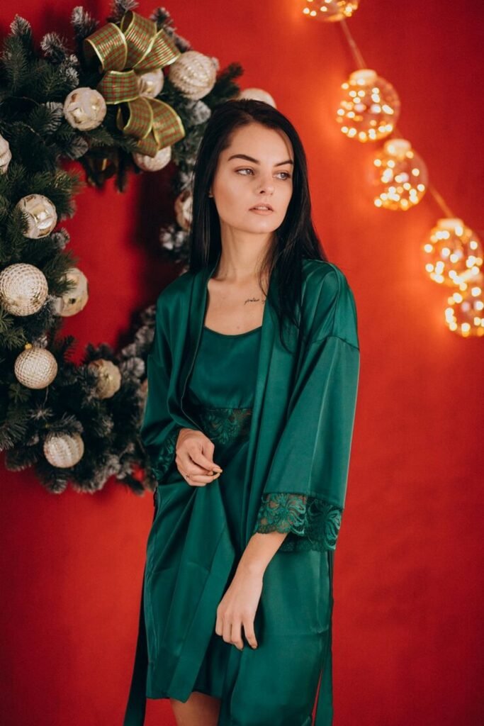 Emerald Green Satin Robe and Lace Chemise