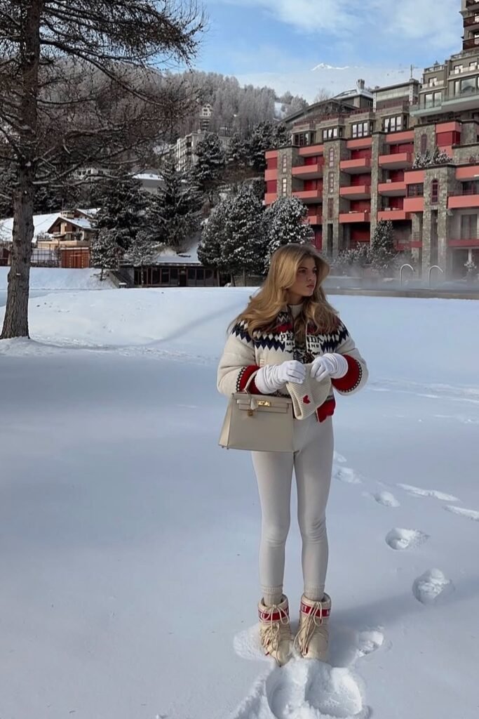 Fair Isle Puffer Jacket + White Leggings + Cream Moon Boots