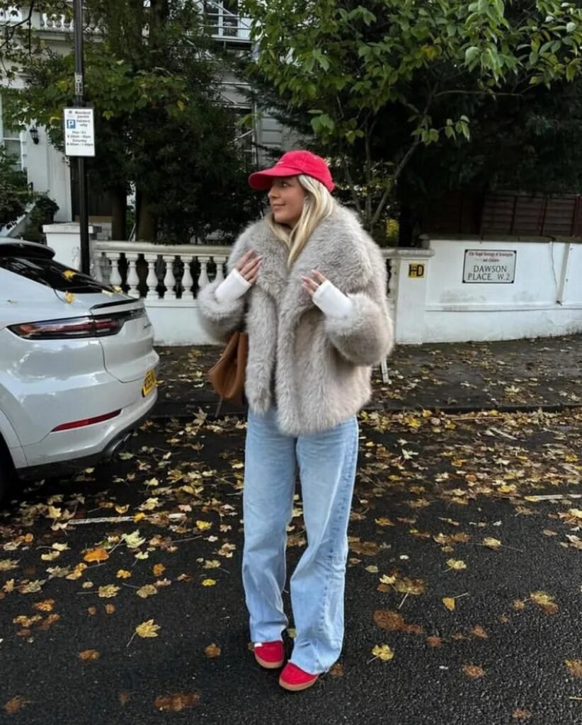 Faux Fur Coat + White Turtleneck + Light Wash Wide-Leg Jeans + Red Baseball Cap + Red Loafer Shoes