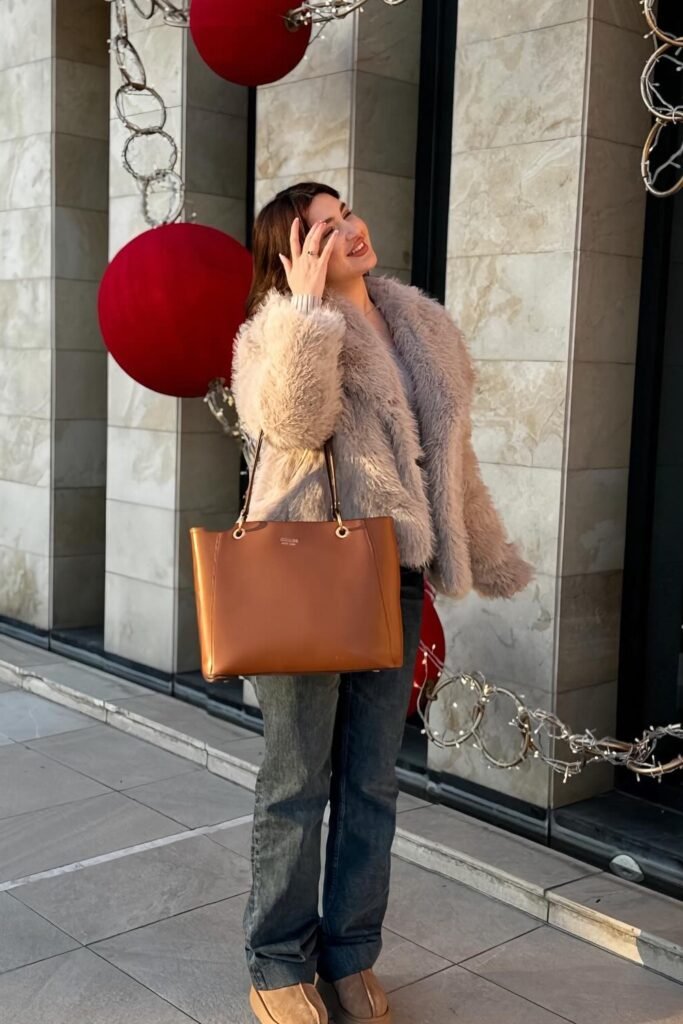 Faux Fur Crop Jacket + Grey Sweater + Dark Wash Flared Jeans